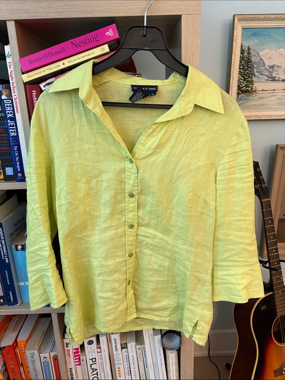 Linen Bright Lime Green Button-Front Women's Shirt